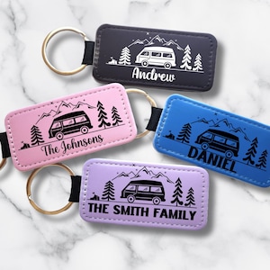 Custom Camper Van Keychain – Personalized Mountain Scene Keyring – 1.4x3” PU Leather – One Sided Travel Gift for Van Life Lovers, Campers