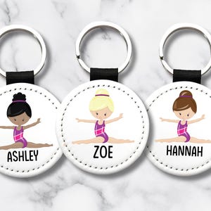 Personalized Gymnastics Girl Keychain – Custom Name | Choose Cartoon Character Key Ring | Kids Gymnast Gift | 2x2 PU Leather