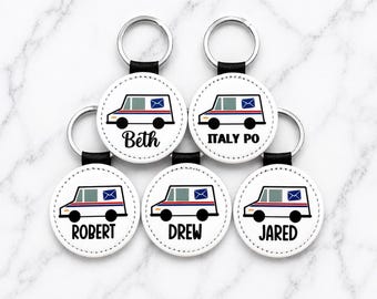 Custom Mail Carrier Keychain – Postal Truck Design – Add Name or Text – PU Leather – 2x2 Inch – One Sided – Mailman Appreciation