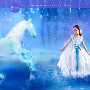 Gefrorene inspirierte digitale Kulisse; Eis Prinzessin; Wasserpferd Digitaler Hintergrund; Elsa Pferd; Gefrorenes Thema, Winter Hintergrund, Photo Verbundstoff