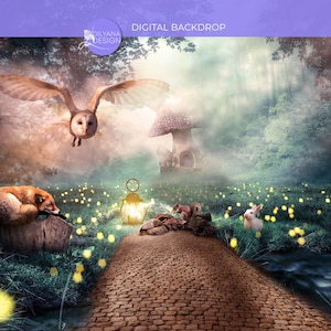 Fantasy forest Digital background; Composite for photography; Animal backdrop; Children wallpaper; Forest background, Enchanted scene; Photo