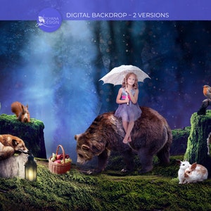 Sfondo digitale orso nella foresta; Sfondo foresta; Foresta incantata; Sentiero nella foresta magica; Scena fantasy; Simpatici animali selvatici; Sfondo notturno