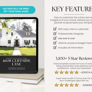 May include: A digital tablet displays a modern luxury family home template. The template features a white house with black shutters and a green lawn. Text on the tablet reads "4608 Cliffside Lane, Phoenix, Arizona." Additional text highlights key features and customer reviews.