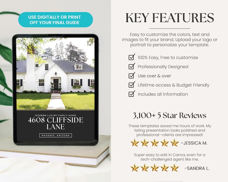 May include: A digital tablet displays a modern luxury family home template. The template features a white house with black shutters and a green lawn. Text on the tablet reads "4608 Cliffside Lane, Phoenix, Arizona." Additional text highlights key features and customer reviews.