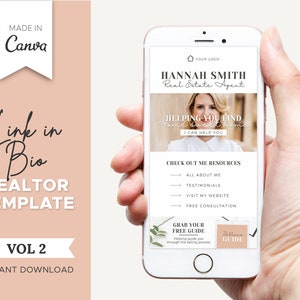 May include: A smartphone mockup showing a realtor's social media page with a photo of the realtor, text that says "Helping you find home sweet home", and a list of resources. The text "Grab your free guide" is also visible.