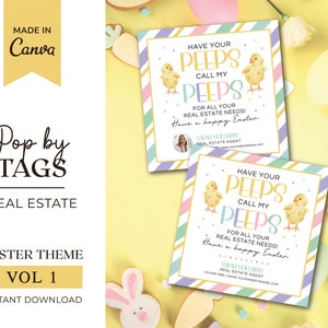 May include: Two colorful square real estate business cards with a pastel striped background. The cards feature a cartoon chick with the text "Have your peeps call my peeps for all your real estate needs! Have a happy Easter!" and a space for a photo and contact information.