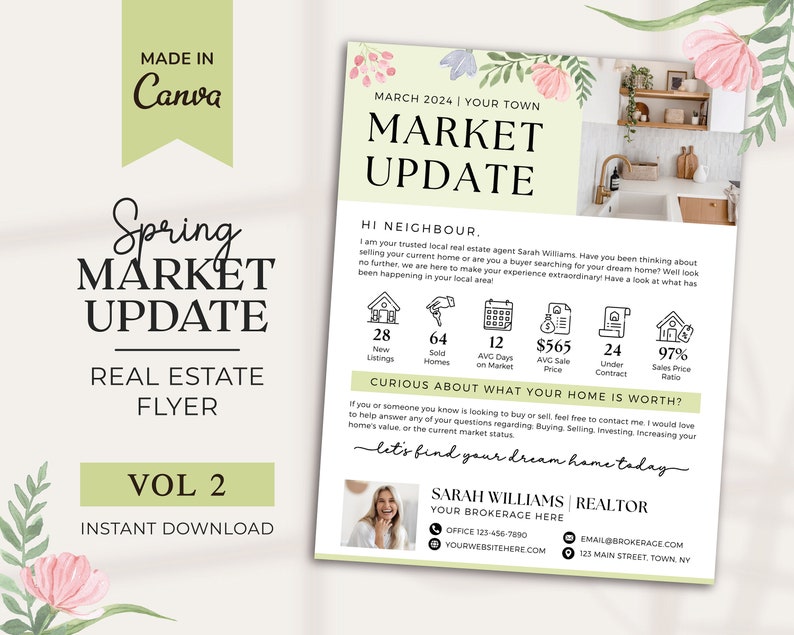 May include: A green and white real estate flyer with the text "Spring Market Update" and "Vol 2" in a floral design. The flyer includes information about the real estate market in a specific town, including the number of new listings, sold homes, average days on market, average sale price, homes under contract, and the sales price ratio. The flyer also includes a photo of a real estate agent and contact information.