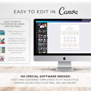 May include: A computer screen displaying a Canva design template with the text "EASY TO EDIT IN Canva" and a list of features, including "Easily drag in your own photos", "Simply change the templates to match your brand colors", "Quickly change the text to match your brand voice", and "Easily adjust the fonts to your brand".