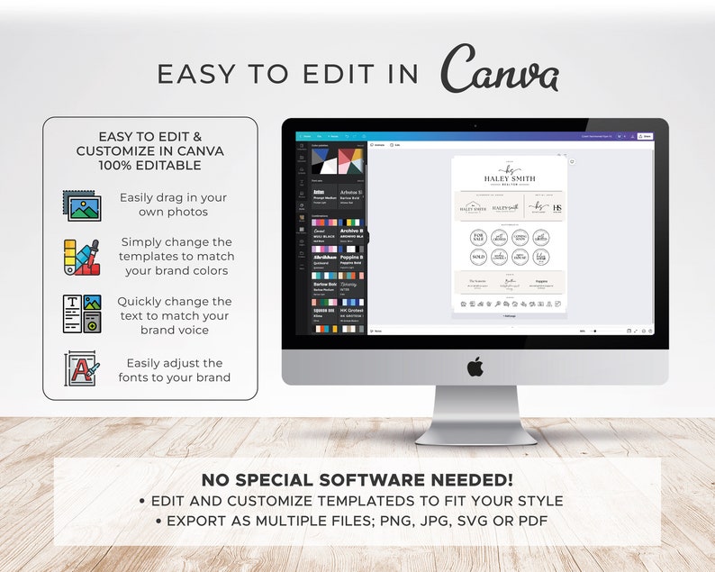 May include: A computer screen displaying a Canva design template with the text "EASY TO EDIT IN Canva" and a list of features, including "Easily drag in your own photos", "Simply change the templates to match your brand colors", "Quickly change the text to match your brand voice", and "Easily adjust the fonts to your brand".