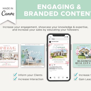 May include: Four social media posts with a spring theme for real estate agents. The posts feature images of homes and text that says "I'm ready to spring into action for all your real estate needs", "Spring forward into a new home", "Hello Spring", and "Spring Blooming Real Estate".