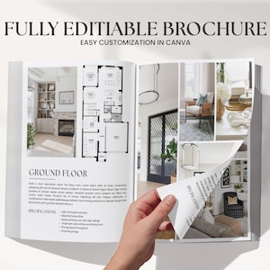 May include: Open brochure with the text "FULLY EDITABLE BROCHURE" and "EASY CUSTOMIZATION IN CANVA." The brochure features interior design images and a floor plan. A hand is turning a page, revealing more interior design photos.