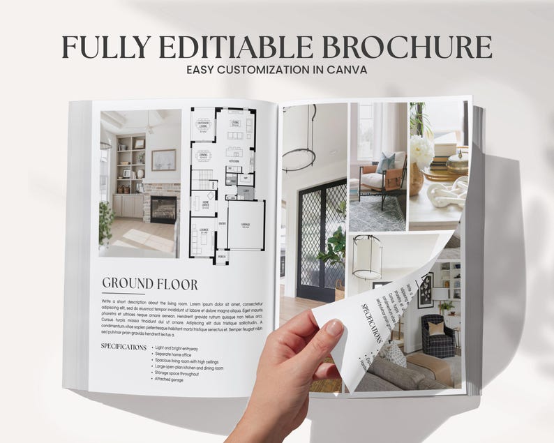 May include: Open brochure with the text "FULLY EDITABLE BROCHURE" and "EASY CUSTOMIZATION IN CANVA." The brochure features interior design images and a floor plan. A hand is turning a page, revealing more interior design photos.