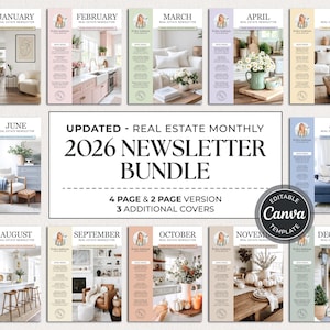 May include: A bundle of real estate monthly newsletters for 2026, featuring 12 different designs, one for each month. Each newsletter cover has a different interior design theme. The bundle includes 4-page and 2-page versions, plus 3 additional covers. The Canva template is editable.