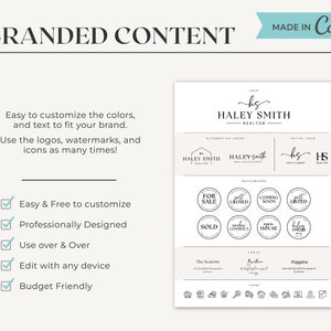 May include: A black and white graphic design template for a real estate agent. The template includes a logo, alternative logos, watermarks, fonts, and icons. The text on the template reads "HALEY SMITH REALTOR".