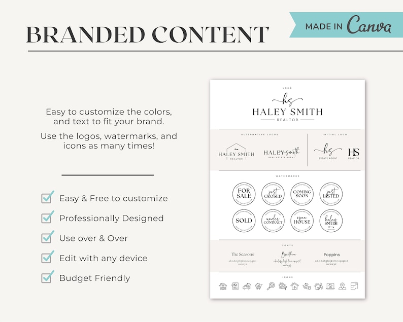 May include: A black and white graphic design template for a real estate agent. The template includes a logo, alternative logos, watermarks, fonts, and icons. The text on the template reads "HALEY SMITH REALTOR".