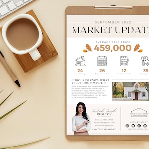 May include: A beige and brown market update flyer with a photo of a realtor and a house illustration. The flyer includes the text "SEPTEMBER 2022 MARKET UPDATE" and "AVERAGE SALE PRICE 459,000".