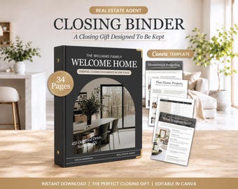 May include: A black closing binder with gold accents and the text "CLOSING BINDER" and "WELCOME HOME". The binder includes 34 pages of essential closing documents. Additional papers are displayed with the text "Homeowner Budgeting" and "Plan Home Projects".