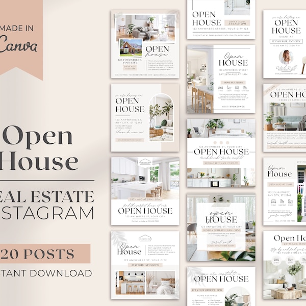 20 Open House Real Estate Instagram Posts | Real Estate Social Media Post | Open House | Real Estate Marketing | Instagram Template | Canva