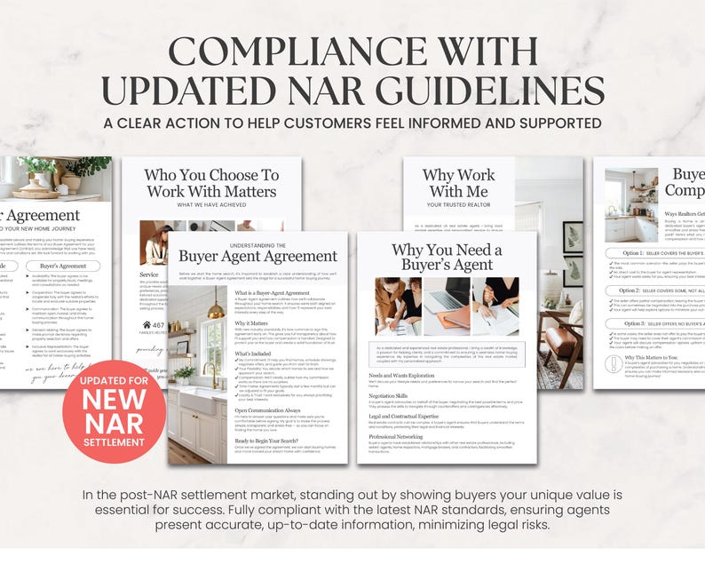 K&ouml;nnte beinhalten: Eine Sammlung wei&szlig;er Dokumente mit schwarzem Text, darunter "Buyer Agent Agreement" und "Why You Need a Buyer's Agent". Die Dokumente tragen den Titel "Compliance with Updated NAR Guidelines". Ein roter Kreis lautet "Updated for New NAR Settlement."