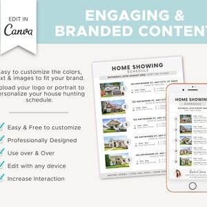 May include: A printable template for a home showing schedule. The template features a checklist of benefits, including easy customization, professional design, and the ability to edit with any device. The template also includes a sample schedule with five home listings, each with a photo, address, and details about the property.