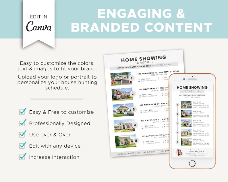 May include: A printable template for a home showing schedule. The template features a checklist of benefits, including easy customization, professional design, and the ability to edit with any device. The template also includes a sample schedule with five home listings, each with a photo, address, and details about the property.