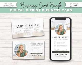 Digital Business Card & Business Card Template Bundle | Real Estate Marketing | Modern Business Card | Editable Business Card | Canva