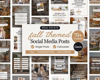 70+ Real Estate Fall Social Media Posts with Captions, Luxury Realtor Instagram Templates, Editable Canva Bundle 2026