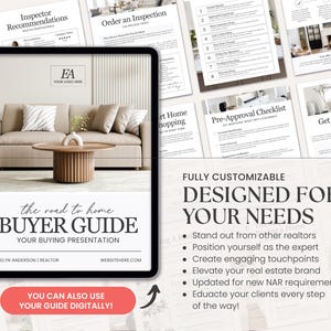 K&ouml;nnte beinhalten: Digitale K&auml;uferleitfaden-Pr&auml;sentation auf einem Tablet, mit einer Wohnzimmerszene mit Sofa und Couchtisch. Der Titel des Leitfadens lautet "Buyer Guide" mit dem Text "Designed for Your Needs". Zus&auml;tzliche Dokumente im Hintergrund.