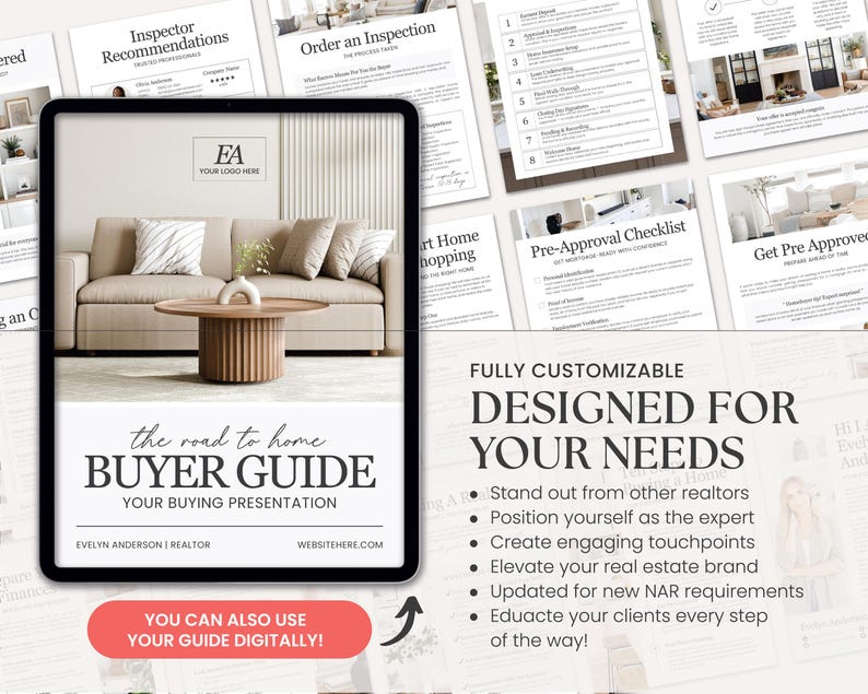 K&ouml;nnte beinhalten: Digitale K&auml;uferleitfaden-Pr&auml;sentation auf einem Tablet, mit einer Wohnzimmerszene mit Sofa und Couchtisch. Der Titel des Leitfadens lautet "Buyer Guide" mit dem Text "Designed for Your Needs". Zus&auml;tzliche Dokumente im Hintergrund.