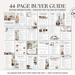 K&ouml;nnte beinhalten: Eine 44-seitige K&auml;uferleitfaden-Pr&auml;sentation mit dem Text "Buyer Guide" und "Editable Canva Template". Der Leitfaden enth&auml;lt Abschnitte zu Themen wie "Searching to Closing" und "Why Work With Me". Der Text "All images and text copy done for you! Easy to edit in Canva" ist ebenfalls vorhanden.