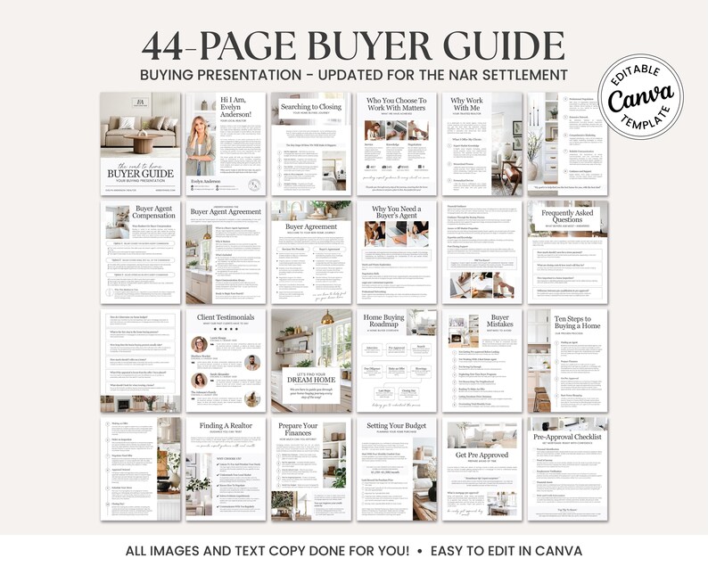 K&ouml;nnte beinhalten: Eine 44-seitige K&auml;uferleitfaden-Pr&auml;sentation mit dem Text "Buyer Guide" und "Editable Canva Template". Der Leitfaden enth&auml;lt Abschnitte zu Themen wie "Searching to Closing" und "Why Work With Me". Der Text "All images and text copy done for you! Easy to edit in Canva" ist ebenfalls vorhanden.