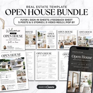 May include: A digital marketing kit for real estate agents. The kit includes a flyer, sign-in sheets, feedback sheets, social media posts, stories, video reels, and a pop-by sign. The kit is designed to help agents promote open houses and attract potential buyers.