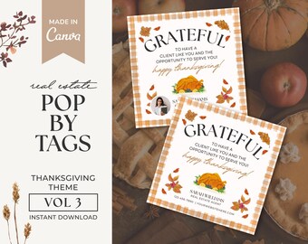 May include: Two Thanksgiving-themed real estate pop-by tags with a brown and white checkered background. The tags feature a turkey illustration, fall leaves, and the text "Grateful to have a client like you and the opportunity to serve you! Happy Thanksgiving!" One tag includes the name "Sarah Williams" and contact information.