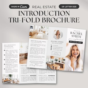 Puede incluir: Un folleto de bienes raíces de tres pliegues con fondo blanco y texto negro. El folleto presenta una foto de una agente de bienes raíces, Rachel Smith, e información sobre sus servicios. El folleto también incluye testimonios de clientes anteriores.