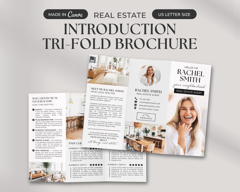May include: A tri-fold real estate brochure with a white background and black text. The brochure features a photo of a real estate agent, Rachel Smith, and information about her services. The brochure also includes testimonials from past clients.