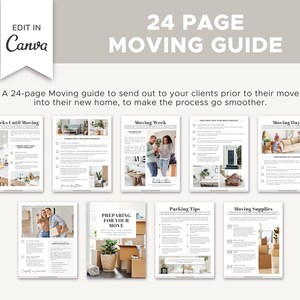 May include: A 24-page moving guide with checklists and tips for preparing for a move. The guide includes sections for two weeks before the move, the moving week, moving day, packing tips, moving supplies, and preparing for your move. The guide features images of a house, boxes, and people moving.