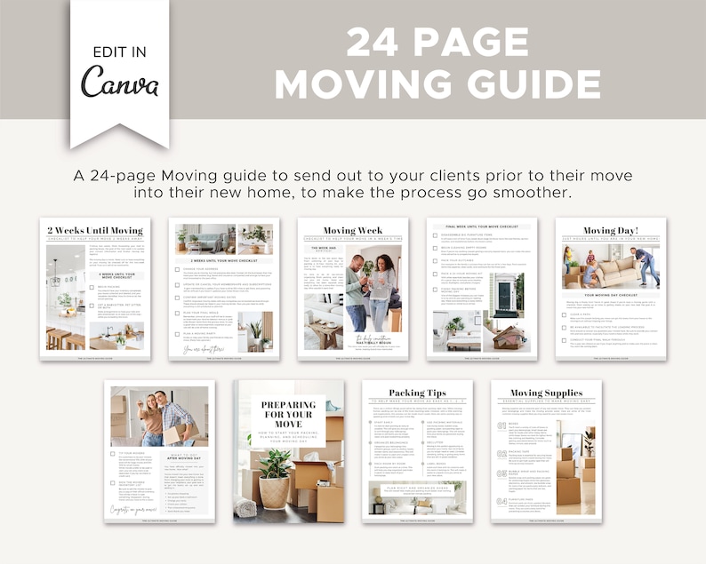 May include: A 24-page moving guide with checklists and tips for preparing for a move. The guide includes sections for two weeks before the move, the moving week, moving day, packing tips, moving supplies, and preparing for your move. The guide features images of a house, boxes, and people moving.