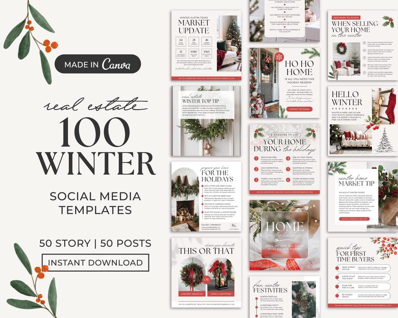 May include: A collection of 100 social media templates for real estate agents, featuring winter and holiday themes. The templates include images of homes, wreaths, and other winter decor, as well as text overlays with tips for selling homes during the winter season. The templates are available for instant download.