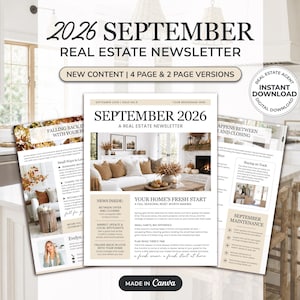 May include: A digital real estate newsletter template for September 2026 featuring a fall-themed living room photo, text sections titled Your Home's Fresh Start, and a Made in Canva badge. The layout includes multiple pages with beige accents.