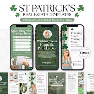 May include: St. Patrick's Day real estate templates for Instagram. The design features three smartphones displaying templates with green shamrocks and text. The templates include phrases like "Green Flags When Touring a Home" and "Wishing You a Happy St. Patrick's Day."