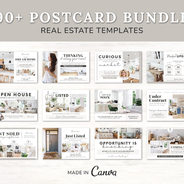90 Real Estate Postcard Bundle | Market update | Just Listed | Real Estate Farming | Real Estate Marketing | Hello Neighbor Postcard | Canva