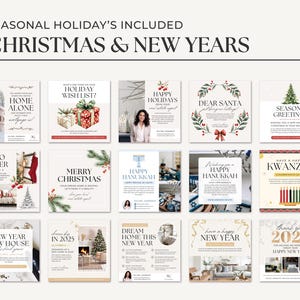 May include: A collage of 16 social media post templates for the holidays, including Christmas, Hanukkah, Kwanzaa, and New Year's. The templates feature festive imagery and text, such as "Happy Holidays", "Merry Christmas", and "Happy Hanukkah".