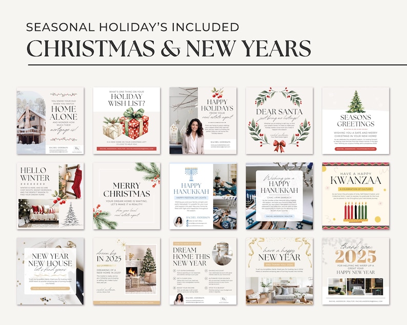 May include: A collage of 16 social media post templates for the holidays, including Christmas, Hanukkah, Kwanzaa, and New Year's. The templates feature festive imagery and text, such as "Happy Holidays", "Merry Christmas", and "Happy Hanukkah".