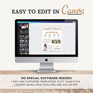 May include: A computer screen displaying a Canva design template for a real estate market update. The template features a beige background with a brown and gold leaf design. The text "September 2021 Market Update" is displayed in a brown font. The number 459,000 is displayed in a larger brown font. The text "NO SPECIAL SOFTWARE NEEDED!" is displayed in black font. The text "EDIT AND CUSTOMIZE TEMPLATES TO FIT YOUR STYLE" is displayed in black font. The text "EXPORT AS MULTIPLE FILES; PNG, JPG, SVG OR PDF" is displayed in black font.
