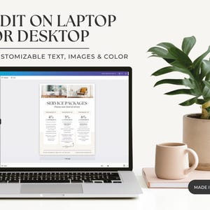 K&ouml;nnte beinhalten: Ein Laptop-Bildschirm zeigt eine Canva-Designvorlage f&uuml;r Servicepakete. Die Vorlage enth&auml;lt drei Spalten mit den &Uuml;berschriften "Paket 1", "Paket 2" und "Paket 3". Jede Spalte enth&auml;lt einen Prozentsatz, eine Liste von Dienstleistungen und einen Preis. Der Text "SERVICE PACKAGES" befindet sich oben auf der Vorlage. Der Text "Choose your level of service" befindet sich unter der &Uuml;berschrift. Der Text "MADE IN Canva" befindet sich unten im Bild.