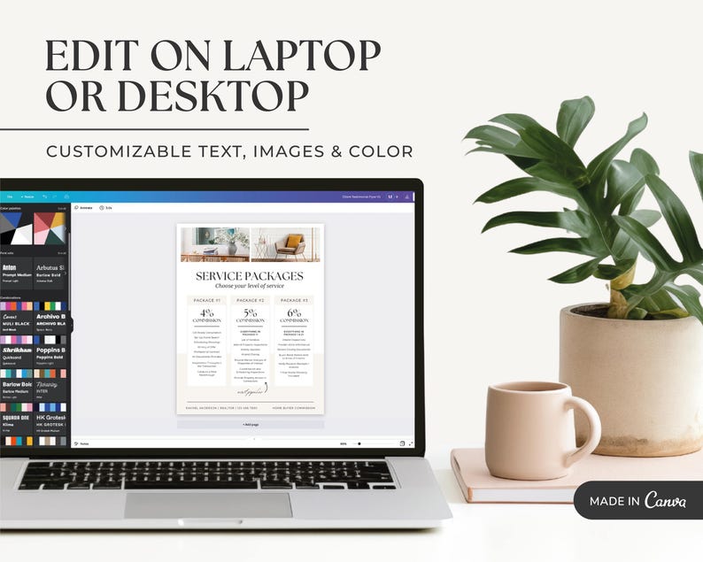 K&ouml;nnte beinhalten: Ein Laptop-Bildschirm zeigt eine Canva-Designvorlage f&uuml;r Servicepakete. Die Vorlage enth&auml;lt drei Spalten mit den &Uuml;berschriften "Paket 1", "Paket 2" und "Paket 3". Jede Spalte enth&auml;lt einen Prozentsatz, eine Liste von Dienstleistungen und einen Preis. Der Text "SERVICE PACKAGES" befindet sich oben auf der Vorlage. Der Text "Choose your level of service" befindet sich unter der &Uuml;berschrift. Der Text "MADE IN Canva" befindet sich unten im Bild.