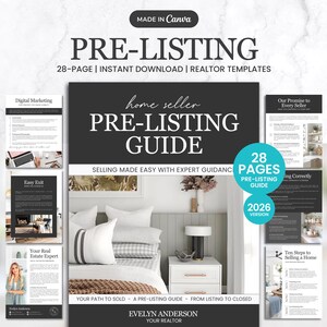 Op de afbeelding: Een zwart-wit pre-listing gids met de tekst "PRE-LISTING GUIDE" en "28 PAGES". De gids bevat makelaars templates en is ontworpen voor huizenverkopers. Gemaakt in Canva.
