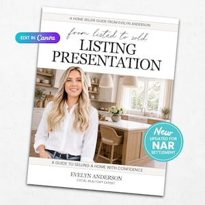May include: A home seller guide titled Listing Presentation from Listed to Sold by Evelyn Anderson. The cover features a person in a white shirt standing in a kitchen, with text stating A Guide to Selling a Home with Confidence and New Updated for NAR Settlement.