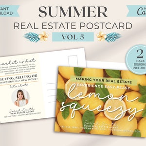 verão dos bens imobiliários cartão postal | Marketing Imobiliário | Cartão fácil dos bens imobiliários Squeezy do limão Peasy de <br> Entrega Rápida? Cartão postal do corretor de imóveis | Agricultura de corretor de imóveis | Canva