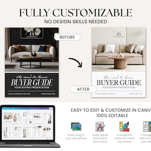 K&ouml;nnte beinhalten: Eine digitale Vorlage f&uuml;r einen K&auml;uferleitfaden, die ein Vorher-Nachher-Design zeigt. Der Leitfaden zeigt Innenraumdesign-Bilder und den Text "BUYER GUIDE" und "YOUR BUYING PRESENTATION". Die Vorlage ist in Canva vollst&auml;ndig anpassbar.